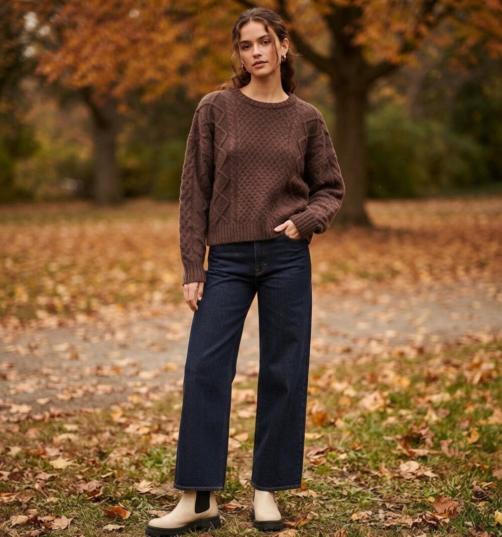 Aritzia Sunday Best Peggy Cropped Merino Wool Cable-Knit Sweater Brown S